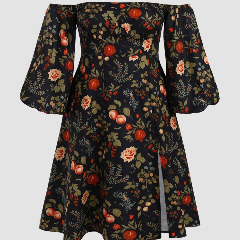 4XL Cider - Fruit & Floral Off-shoulder Slit Maxi Dress Curve & Plus